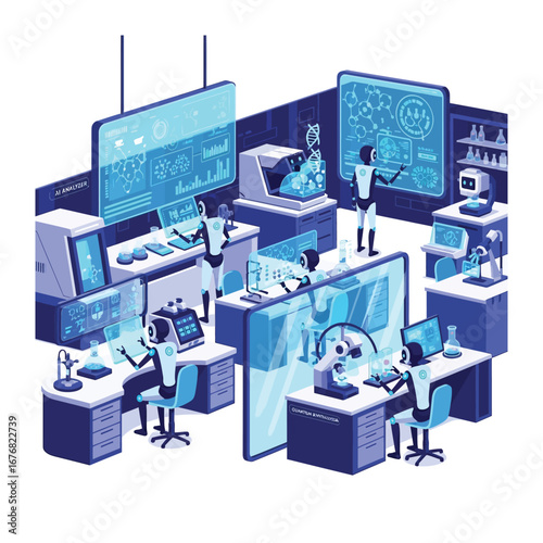 Robotic Laboratory: Depicting a futuristic laboratory scene, with robots conducting advanced scientific research amidst cutting-edge technology and digital displays.