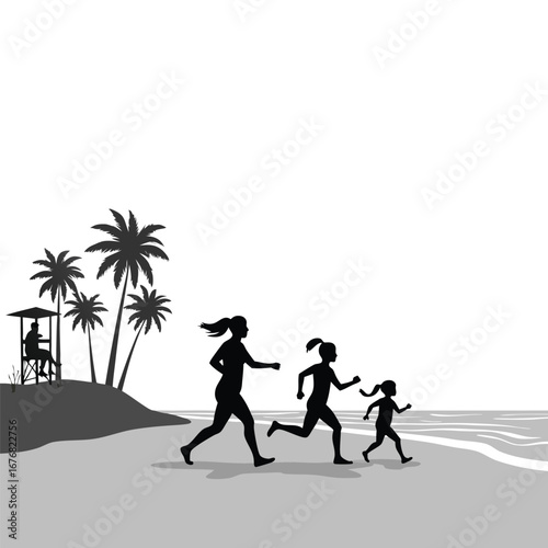 Family running on beach with palm trees and lifeguard stand