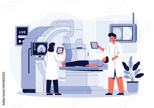 Medical professionals guide patient through advanced imaging technology in hospital diagnostic center