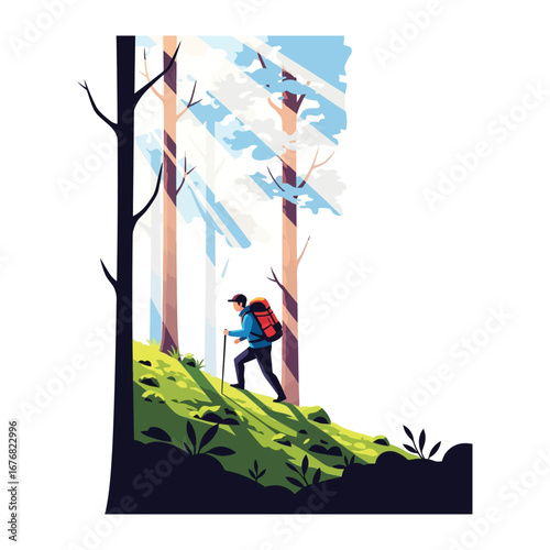 Solo Trekker's Journey: A lone trekker ascends a sunlit trail, venturing through a vibrant forest, embodies the spirit of exploration and outdoor adventure.