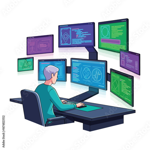 Tech Genius at Work: A solitary figure, deeply immersed in the digital realm, is surrounded by an array of glowing screens, visualizing his intricate programming efforts and coding knowledge.