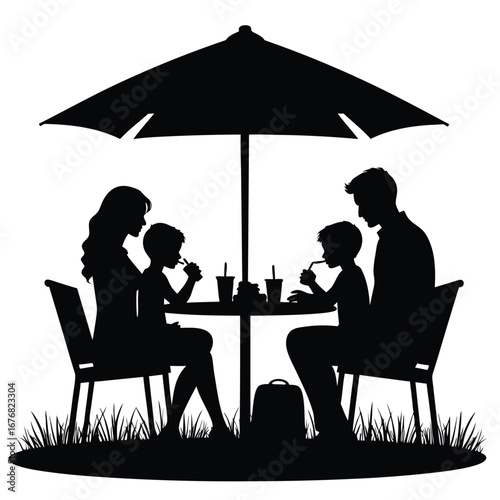 Family silhouette eating outdoors under umbrella outdoor dining