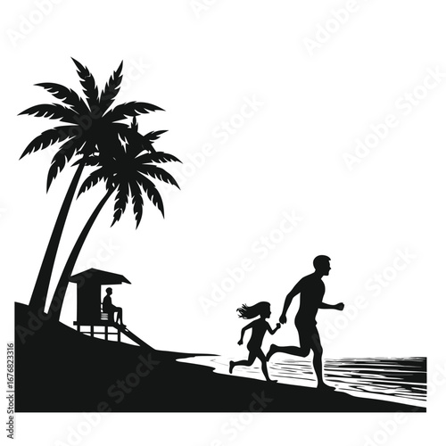 Father and daughter running on beach with palm trees and lifeguard stand