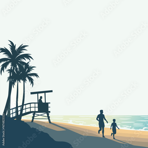 Father and son running on beach near lifeguard tower palm trees