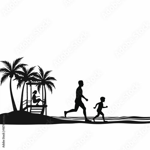 Father and son running on beach with palm trees and lifeguard stand
