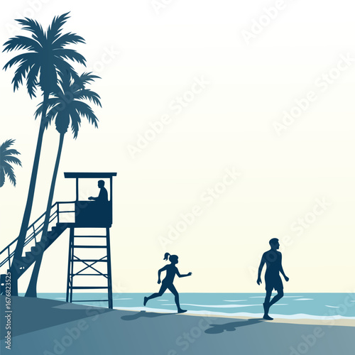Silhouettes of people on a beach with lifeguard tower and palm trees