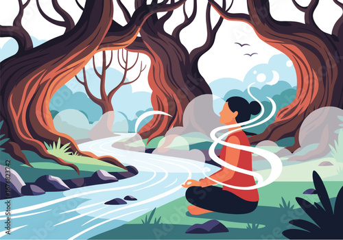 Serene forest meditation a woman finds peace beside a flowing river