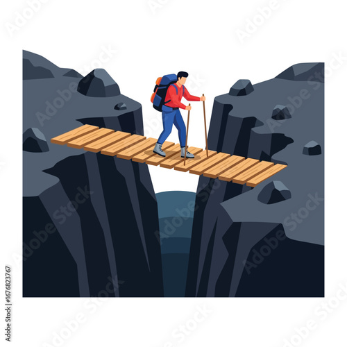 Navigating the Heights: An intrepid hiker courageously treads a precarious wooden bridge, suspended between towering cliffs, symbolizing resilience and adventure in an illustrated scene.
