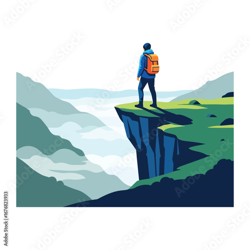 Cliffside contemplation: A lone figure stands at the precipice of a rugged cliff, gazing out at a majestic panorama of misty valleys.