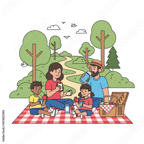 Family Picnic in Nature's Embrace: A happy family enjoys a delightful picnic, embracing the joy of quality time amidst lush greenery, the perfect illustration for promoting togetherness.