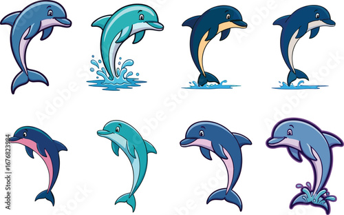 Colorful dolphin cartoon illustrations, playful ocean animal vector design, cute marine wildlife artwork, jumping sea creature clipart collection