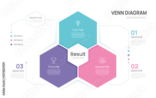 Venn diagram infographic pentagon chart template for business 1, 2, 3 steps options, presentation with venn diagram elements vector illustration.