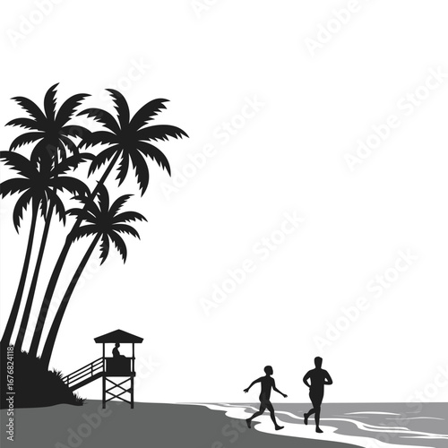 Two men running on a beach with palm trees and lifeguard tower