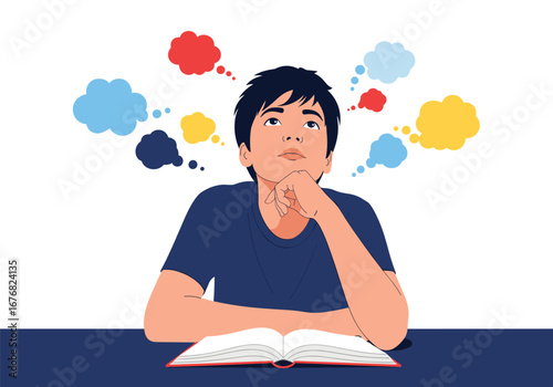 Young student deeply thinking about learning new ideas while reading an open book