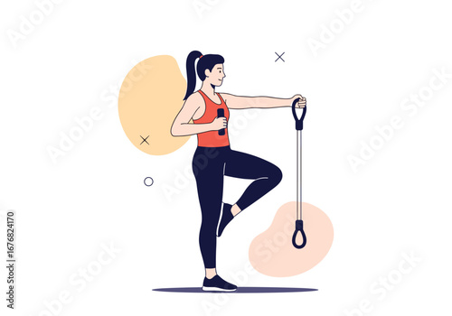 Woman performing single leg stand exercise with resistance band for arm workout and core strength