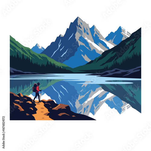 Mountain Echoes: A lone hiker stands in awe before a serene mountain lake, its still waters mirroring the majestic peaks and capturing the soul of nature's tranquility.