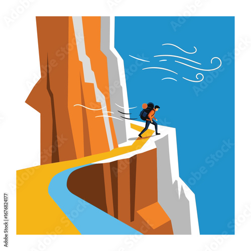 Journey to the Summit: A determined hiker conquers a steep cliff path, walking towards an awe-inspiring view, epitomizing courage and perseverance on a daring adventure.