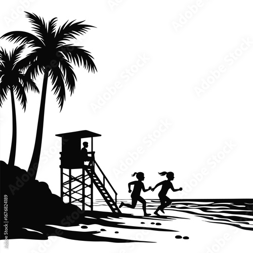 Two girls running on a beach with palm trees and lifeguard tower