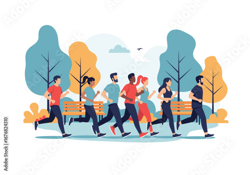 Diverse group of people enjoying a healthy morning run together in a beautiful city park