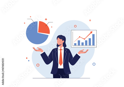 Business professional analyzing financial growth charts and pie diagrams illustrating company performance metrics