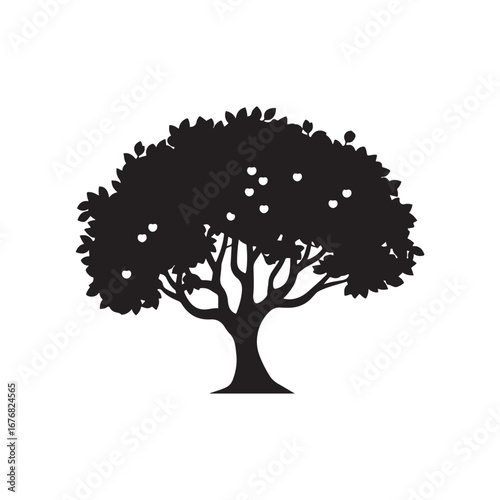 Apple Tree Silhouette with Fruits for Organic and Nature Designs