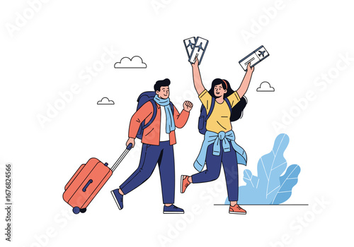 Excited travelers with luggage and tickets embarking on an adventure trip together