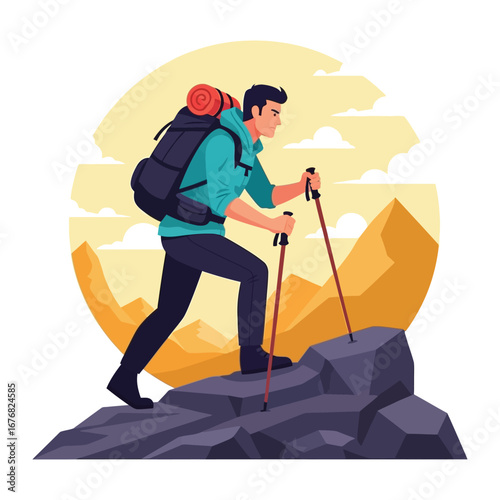Ascending the Summit: A determined hiker, laden with gear, conquers a rocky trail, embodying the spirit of adventure against a backdrop of rugged peaks.