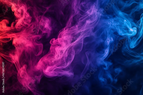 Abstract colored smoke background with red, pink, purple and blue hues on black