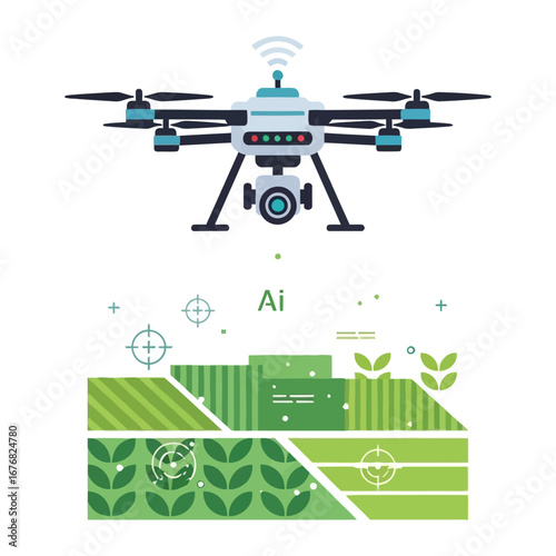 Drone's View of the Field: This vector image displays a drone surveying a lush, green field with futuristic AI-assisted targeting, epitomizing technological advancement in agriculture.