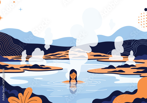 Relaxing geothermal spring experience amidst scenic mountain landscape with steam rising gently