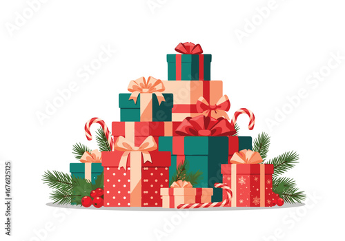 A generous stack of festively wrapped presents creates a cheerful holiday display