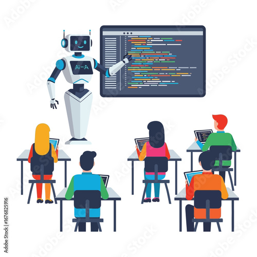 AI Mentor Guiding a Class: An AI mentor robot guiding a diverse group of students through a digital class, pointing to the data-driven interface of a computer screen.
