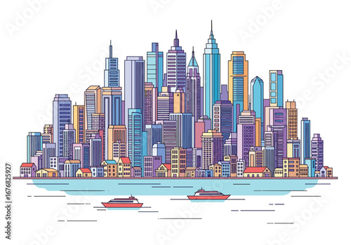 Vibrant urban skyline with modern architecture and water transportation at the waterfront