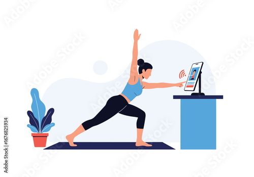 Online yoga practice engaging with digital fitness content for health and wellness improvement