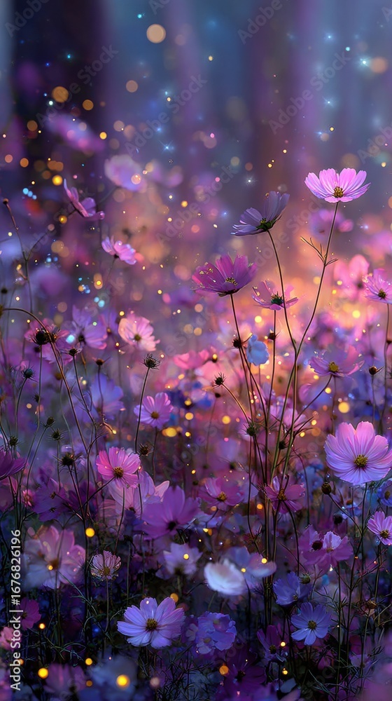 Obraz premium A beautiful twilight scene of a wildflower meadow with glowing fireflies illuminating the purple and pink cosmos flowers in a magical, dreamy landscape at dusk.