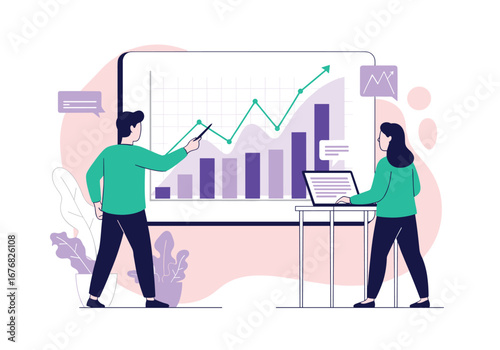 Business professionals analyzing growth charts during presentation meeting with data visualization tools