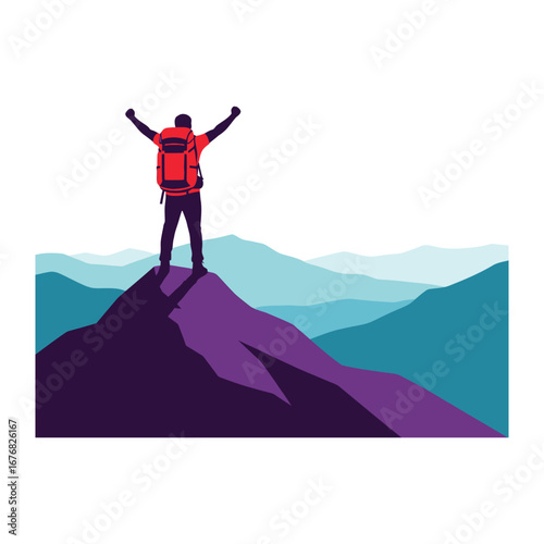 Summit Triumph: A solitary figure stands triumphant atop a mountain peak, arms raised in victory against a backdrop of layered mountainscape. Depicting the feeling of conquering goals.