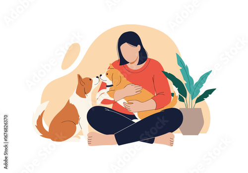 Person holding beloved pets on floor surrounded by abstract organic shapes and a potted plant