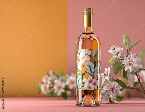 Ros? wine bottle with floral label, soft lighting