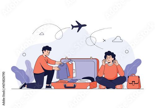 Two young men packing clothes for a vacation adventure trip planning and preparation