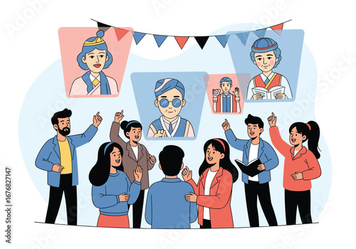 A diverse group of people enthusiastically interacting during a celebratory virtual event