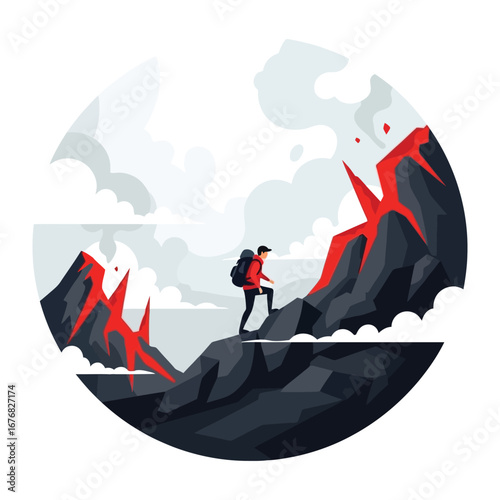 Overcoming: A lone hiker perseveres through a dangerous volcanic landscape, showcasing resilience and determination in the face of challenge.