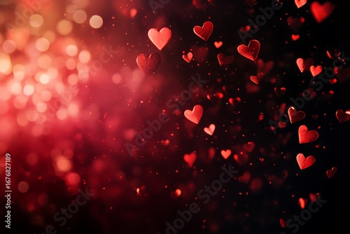 Romantic background with falling red hearts, bokeh lights and dreamy valentine's day feel