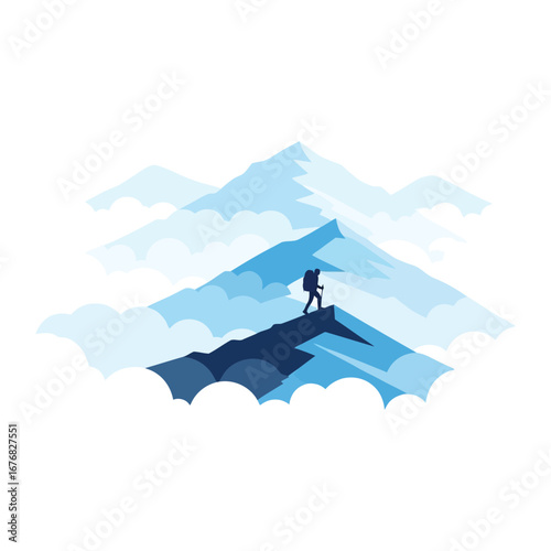 Summit Silhouette: A lone adventurer makes their way to the summit, standing tall against a background of majestic mountains and swirling clouds. The scene inspires a sense of awe, ambition.