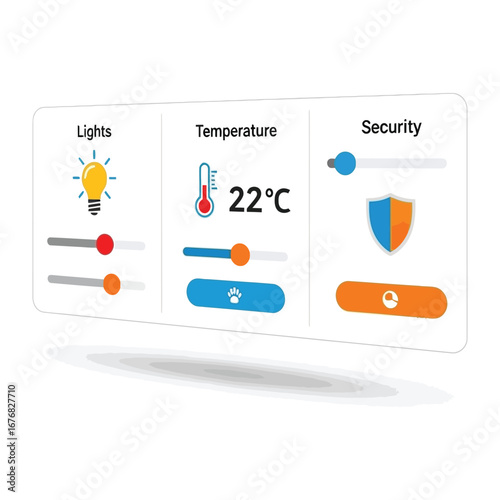 Smart Home Dashboard Interface: The interface presents intuitive controls for lights, temperature, and security within a smart home system.