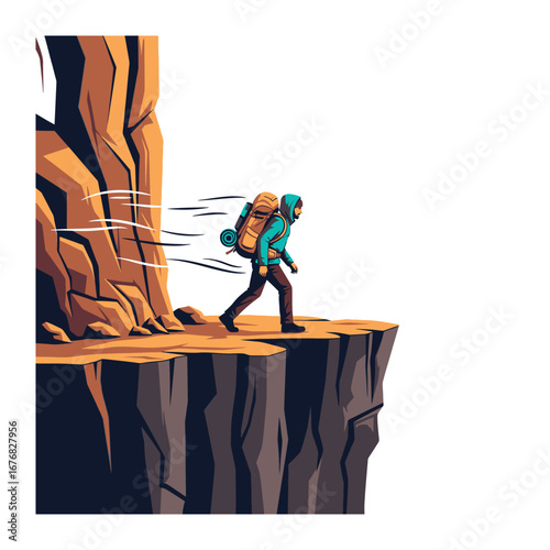 Facing Adventure's Edge: An adventurer strides purposefully towards the cliff edge, symbolizing determination, the thrill of exploration, and the pursuit of conquering challenges. 