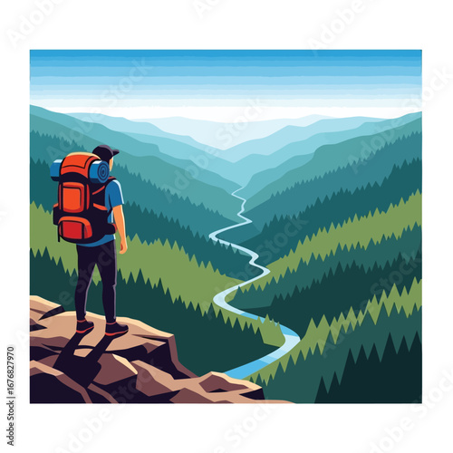 Hiker's Panoramic View: A lone hiker stands atop a mountain ridge, taking in the sweeping vista of a green valley and winding river in this stylized illustration, capturing the essence of exploration.