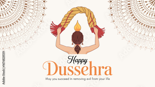 Happy Dussehra illustration of woman raising sacred rope with flame, symbolizing triumph of light over darkness and removal of evil