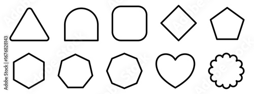 Vector set of shields and polygon shapes with double stroke outline, decorative frames for labels and emblems.