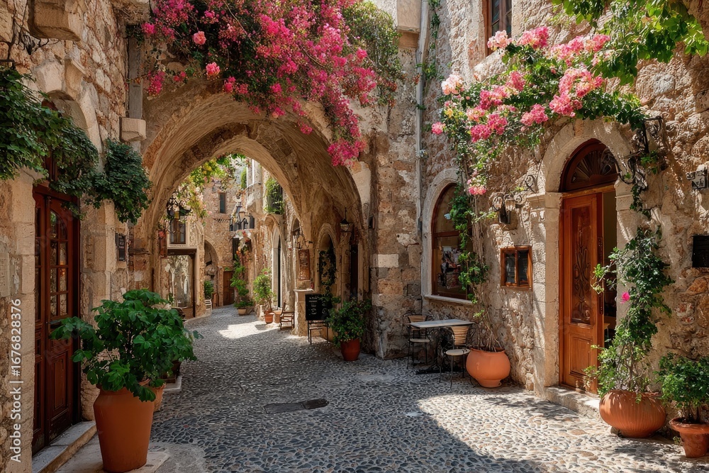 Fototapeta premium Picturesque alleyway with stone buildings and flowers